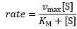The rate is equal to the maximum velocity times the substrate concentration 
                divided by the sum of the Michaelis constant and the substrate concentration.