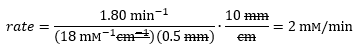Rate is equal to the change in concentration of PNP over the change in time, which is equal to the change in absorbance at 420 nm over the change in time over the extinction coefficient of PNP times path length, which is equal to the slope over the extinction coefficient of PNP times path length